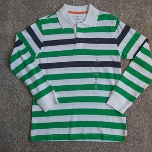 Tommy Hilfiger Navy Blue Green White Striped Long Sleeve Polo Top